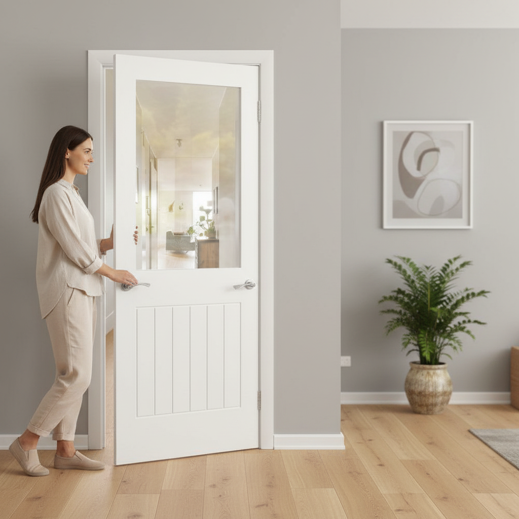 Premium Internal Cottage Door with Clear Glass Pane - Primed Finish, Trim-Friendly Design for Modern Spaces