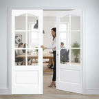 Premium Glazed Telescopic Pocket Door System with Wooden Jamb Kit, Adjustable Doorstop, and Anti-Warp Profile for Elegant Spaces