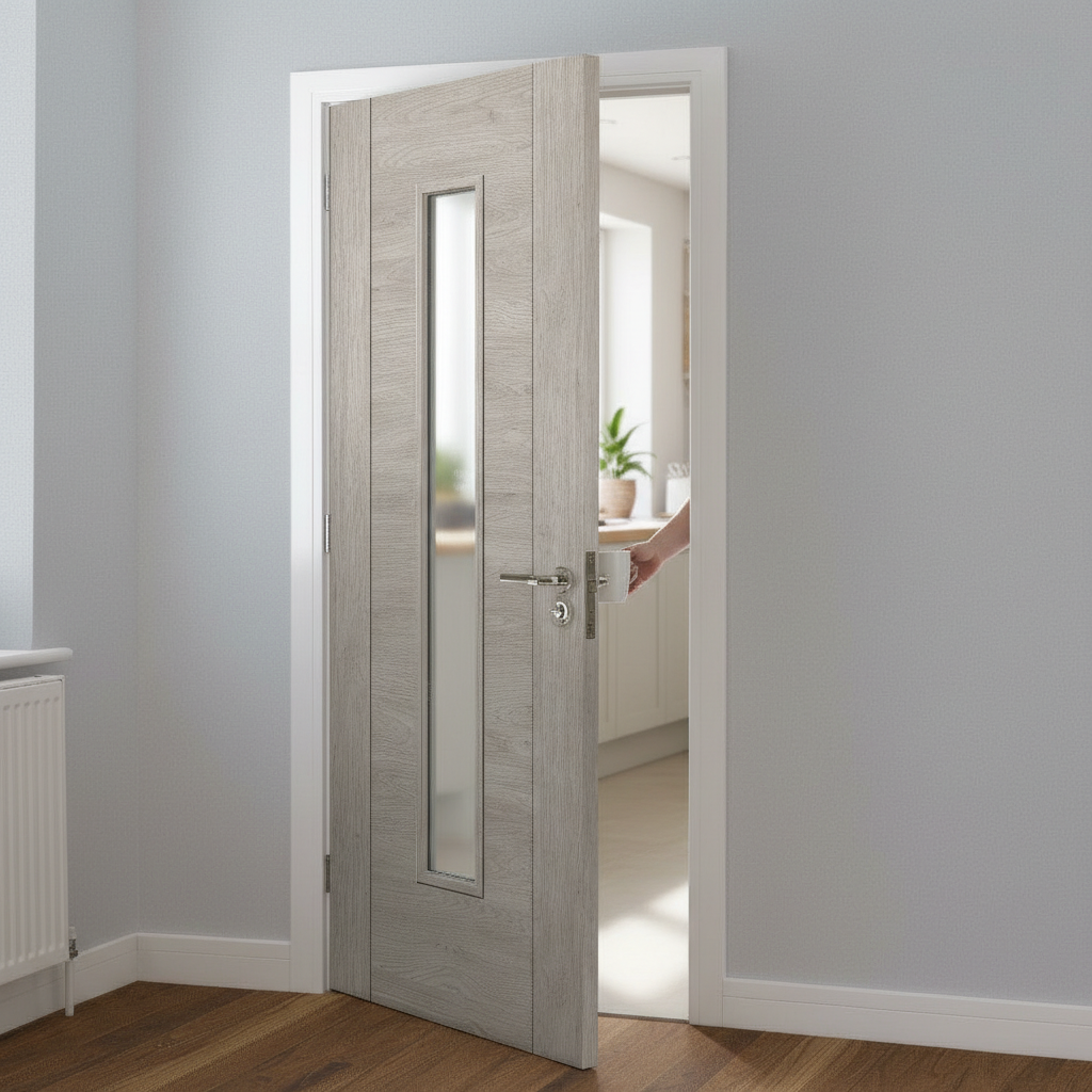 Premium Heavy Duty Laminate Glazed Door with Contemporary Grey Wood Effect and Clear Safety Glass