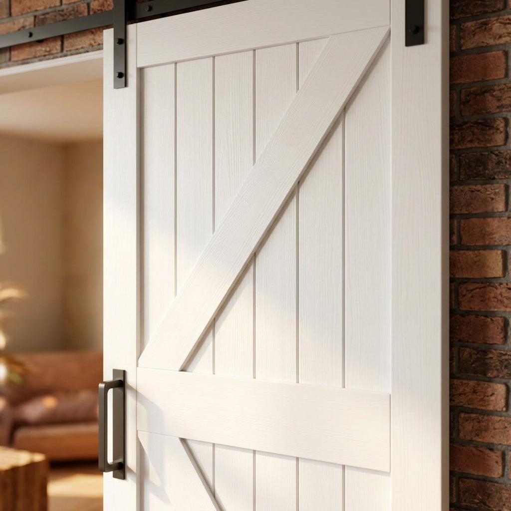White Primed Internal Sliding Barn Door with Black Top Mounted Solid Core - detail view