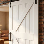 White Primed Internal Sliding Barn Door with Black Top Mounted Solid Core - detail view