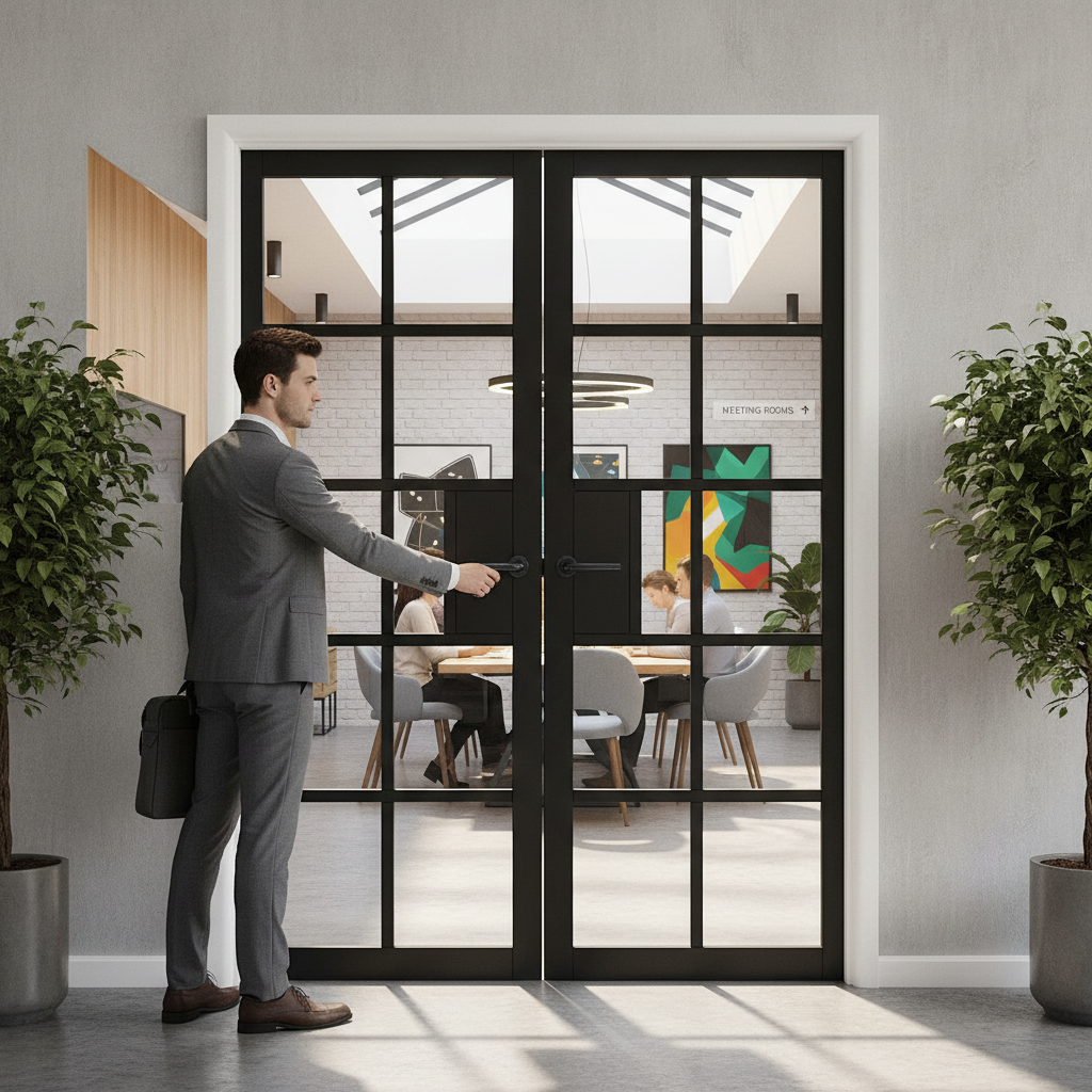 Premium Industrial Style Glazed Door Pair with Solid Frame, Clear Safety Glass, and Black Finish for Contemporary Interiors