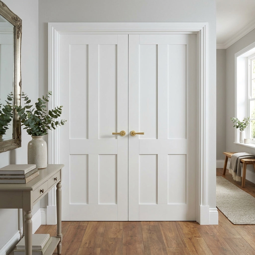 Internal Victorian Shaker 4 Panel White Primed Solid Core Door Pair