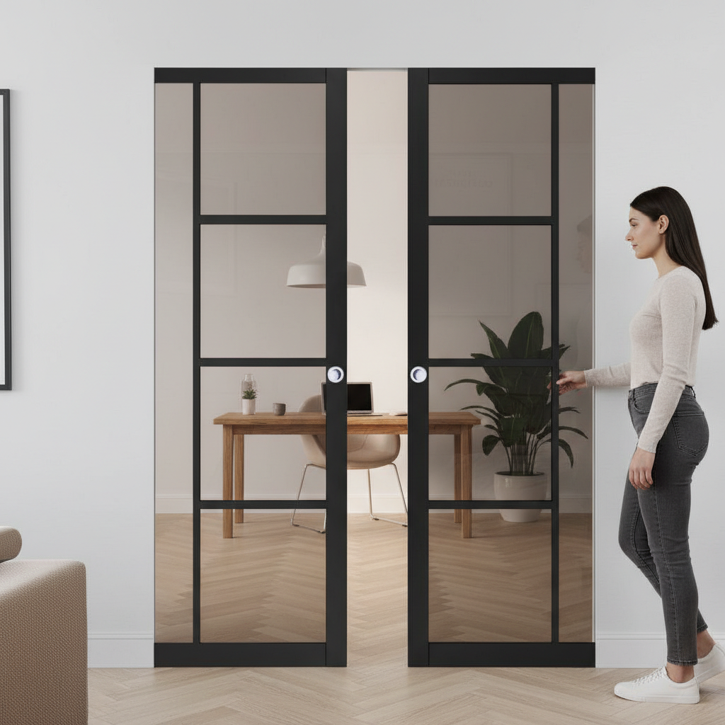 Premium Double Flush Pocket Door Set with Tinted Glass, No Bottom Track, and Space-Saving Design for Modern Interiors