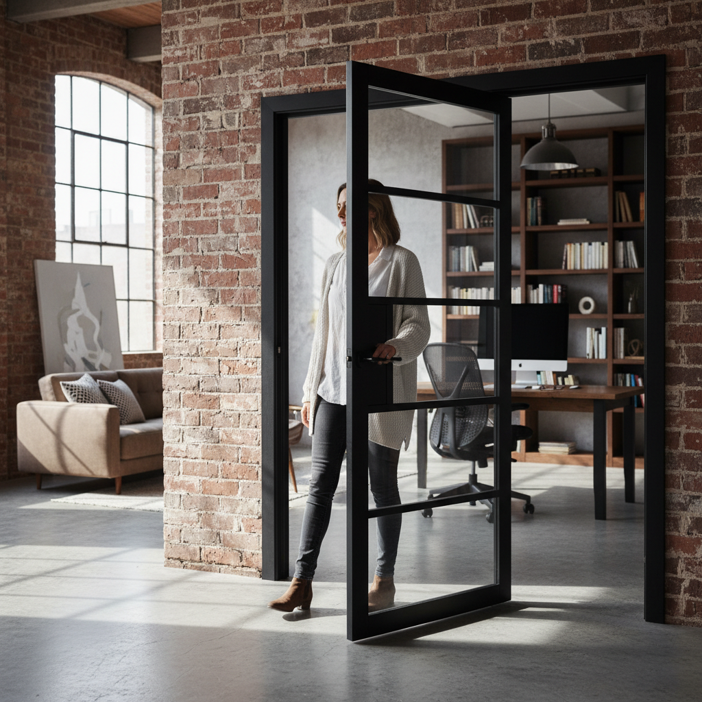 Premium 5L Glazed Industrial Style Interior Door with Safety Glass and Solid Frame for Contemporary Spaces