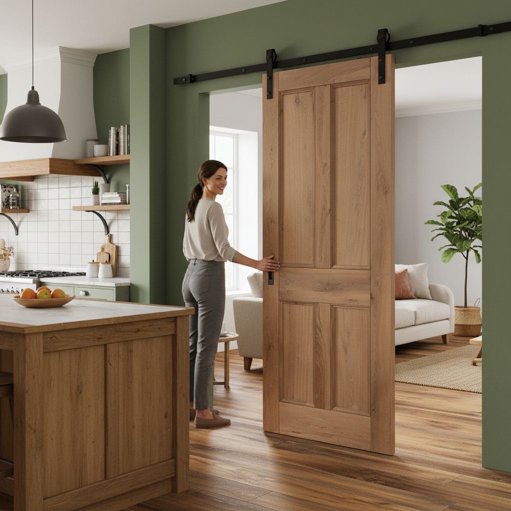 Premium Internal Fully Finished Rustic Oak Victorian 4 Panel Sliding Door Set with Efficient Sliding Mechanism for Space Saving - Image 2