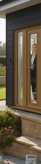 Premium Oak Composite External Sidelight with Decorative Glazing for Enhanced Curb Appeal and Low Maintenance