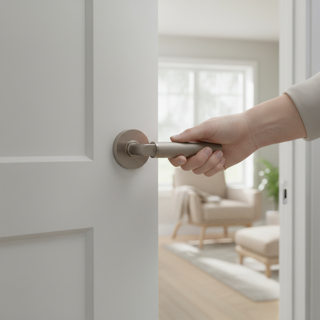 Premium Satin Nickel Door Handle Pack with Stylish Ribbed Lever and Hinges for Versatile Use