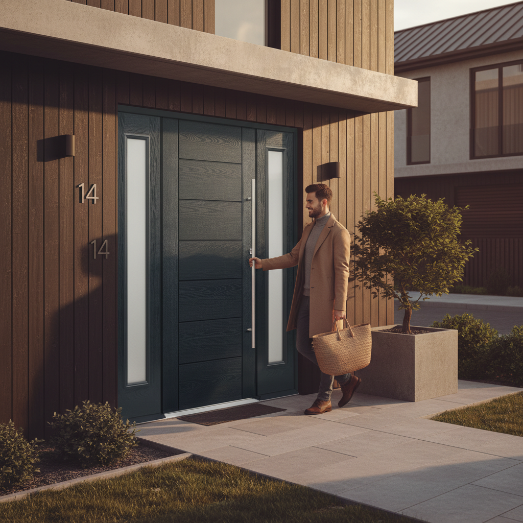 Premium Contemporary Composite Grand Entrance Door with Frosted Glazed Sidelights - Low Maintenance and Thermally Efficient Design