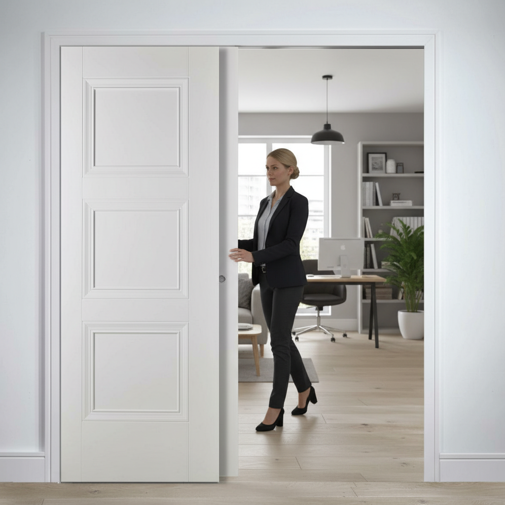 Premium Telescopic Pocket Door System with Three Panels, White Primed Finish, Engineered for Strength and Stability