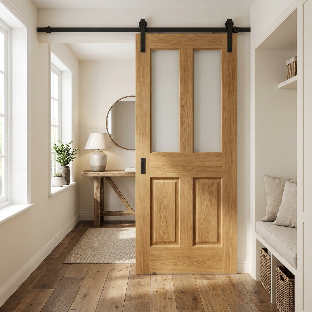 Internal Oak Sliding Door Unfinished Victorian 2 Panel 2 Light Clear Bevelled Glass
