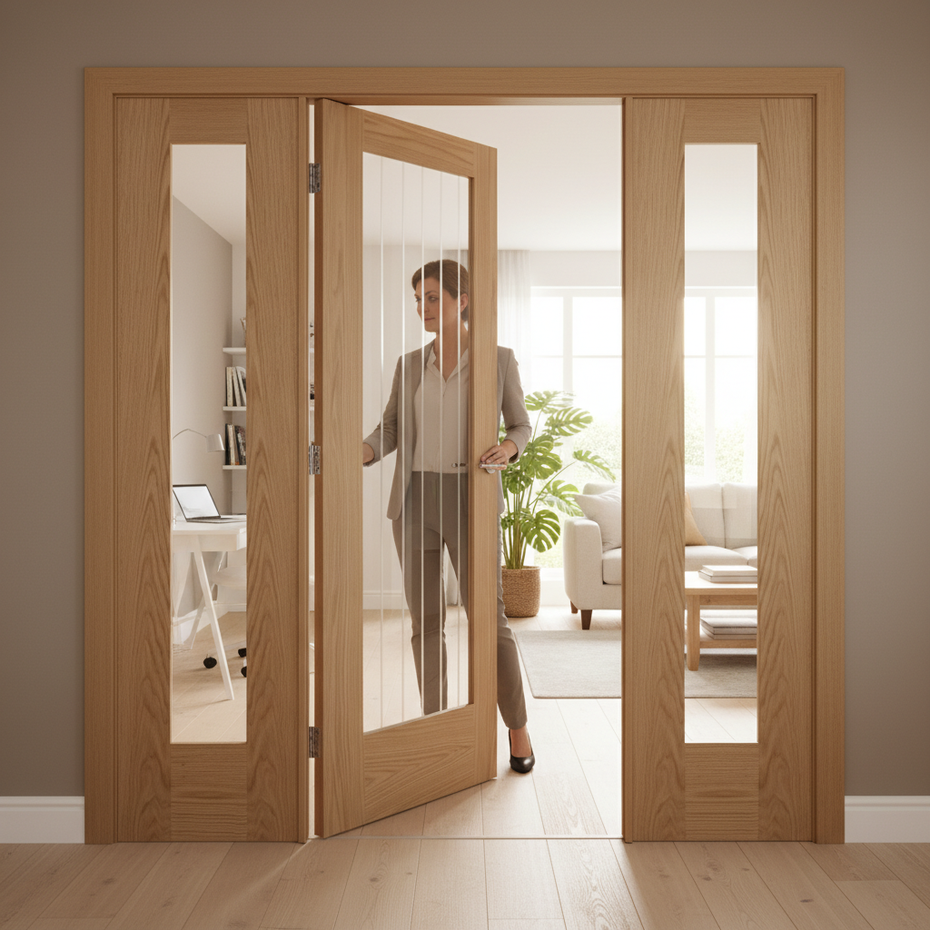 Premium Oak Etched Glazed Room Divider with Demi Panels - Customizable Sizes and Universal Frame