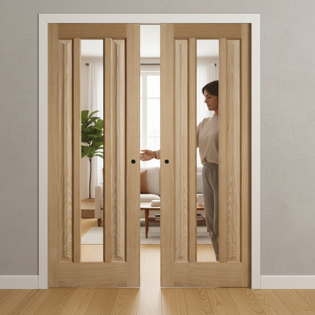 Premium Clear Glazed Double Pocket Door Set with Oak Finish and Galvanised Steel Frame for Seamless Interior Design