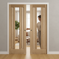 Premium Clear Glazed Double Pocket Door Set with Oak Finish and Galvanised Steel Frame for Seamless Interior Design