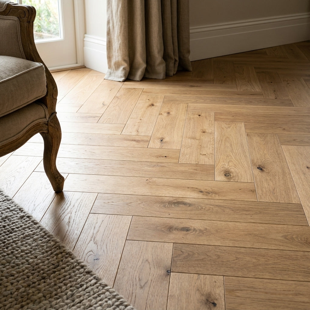 8mm Thick Water-Resistant Oak Herringbone Laminate Flooring, 4V Bevel Edge - detail view
