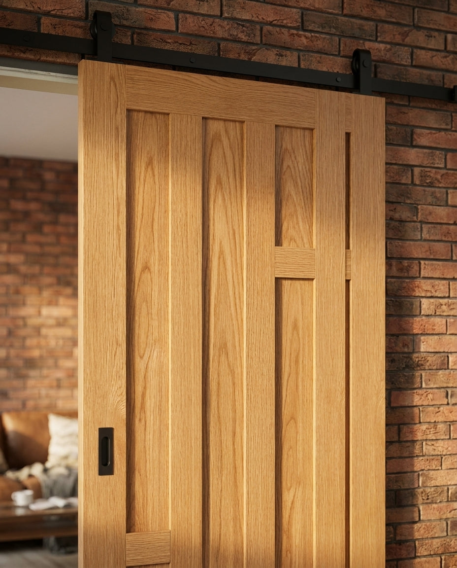 Internal Oak Sliding Door, Fully Finished, Stamford 5 Panel, Black Top Mounted - detail view