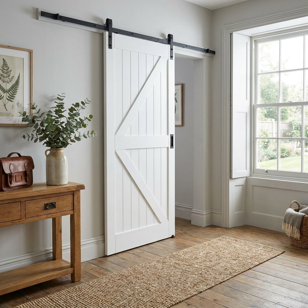 White Primed Internal Sliding Barn Door with Black Top Mounted Solid Core