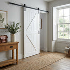 White Primed Internal Sliding Barn Door with Black Top Mounted Solid Core