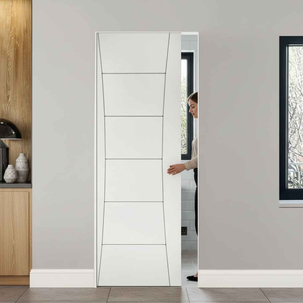 Premium White Flush Pocket Door Set - Space-Saving Design with No Bottom Track and 15-Year Guarantee
