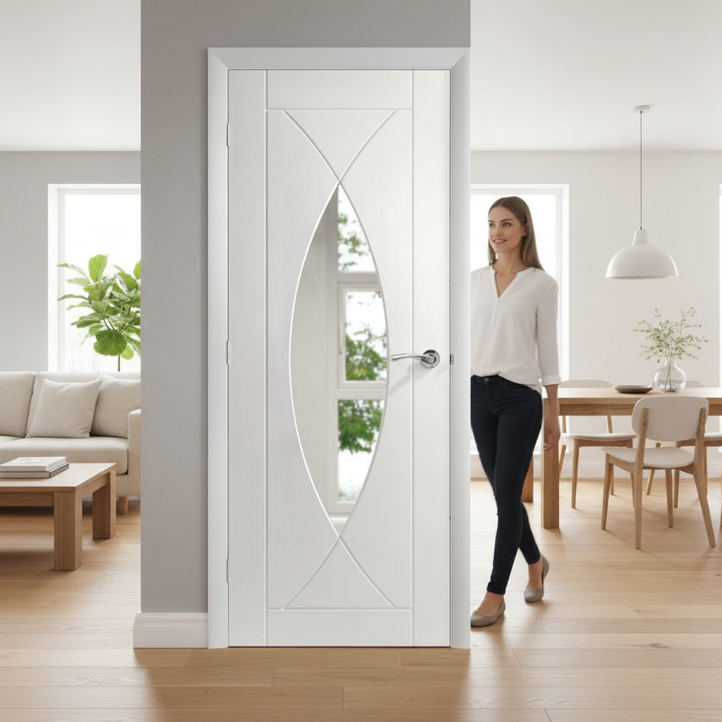 Premium White Glazed Internal Door with Curved Design and Clear Glass for Elegant Home Interiors