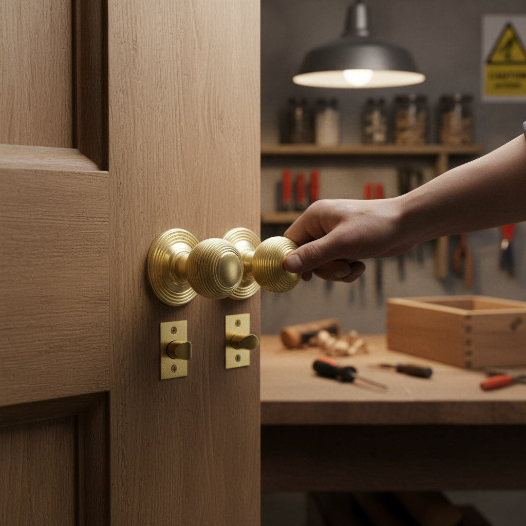 Premium Round Reeded Mortice Bathroom Door Knob Set with Polished Brass Finish, Complete Installation Kit and 10-Year Guarantee