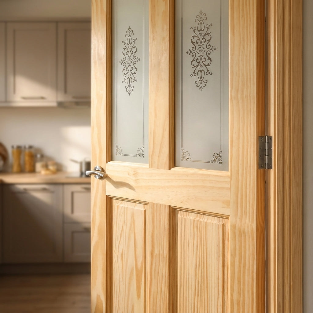 Internal Clear Pine Door with 2 Panel 2 Light Campion Glass, Unfinished - detail view