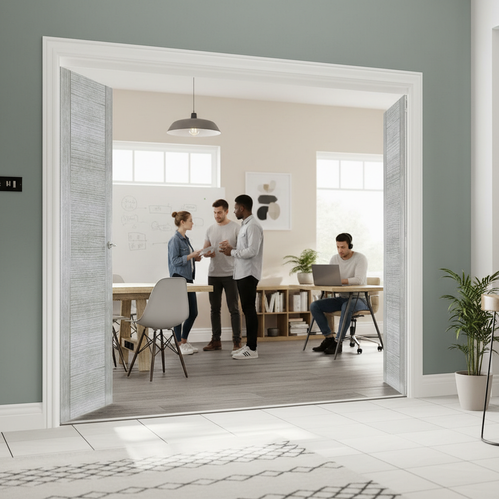 Premium Light Grey Room Divider with Top Hung Folding System and Multiple Configurations for Versatile Space Management