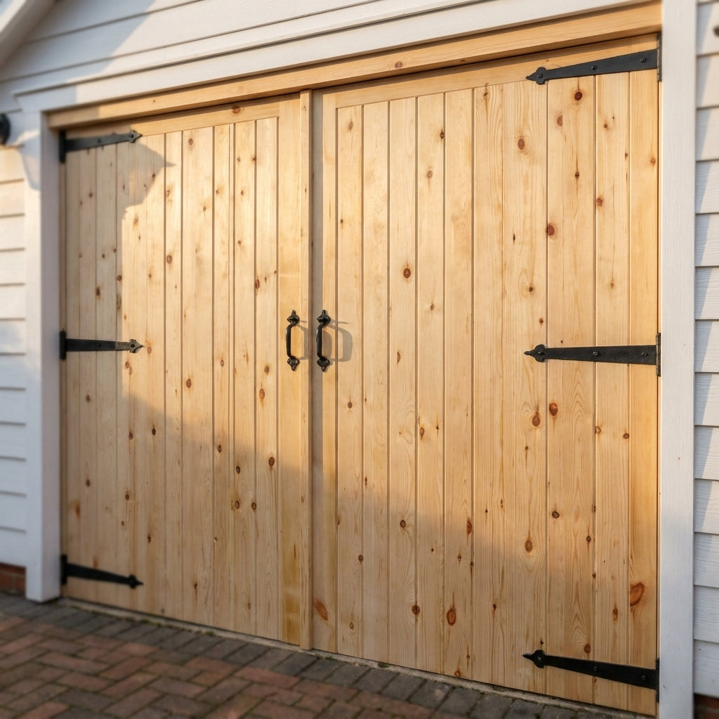 External Solid Redwood Garage Door, Unfinished, Framed, Ledged and Braced - detail view