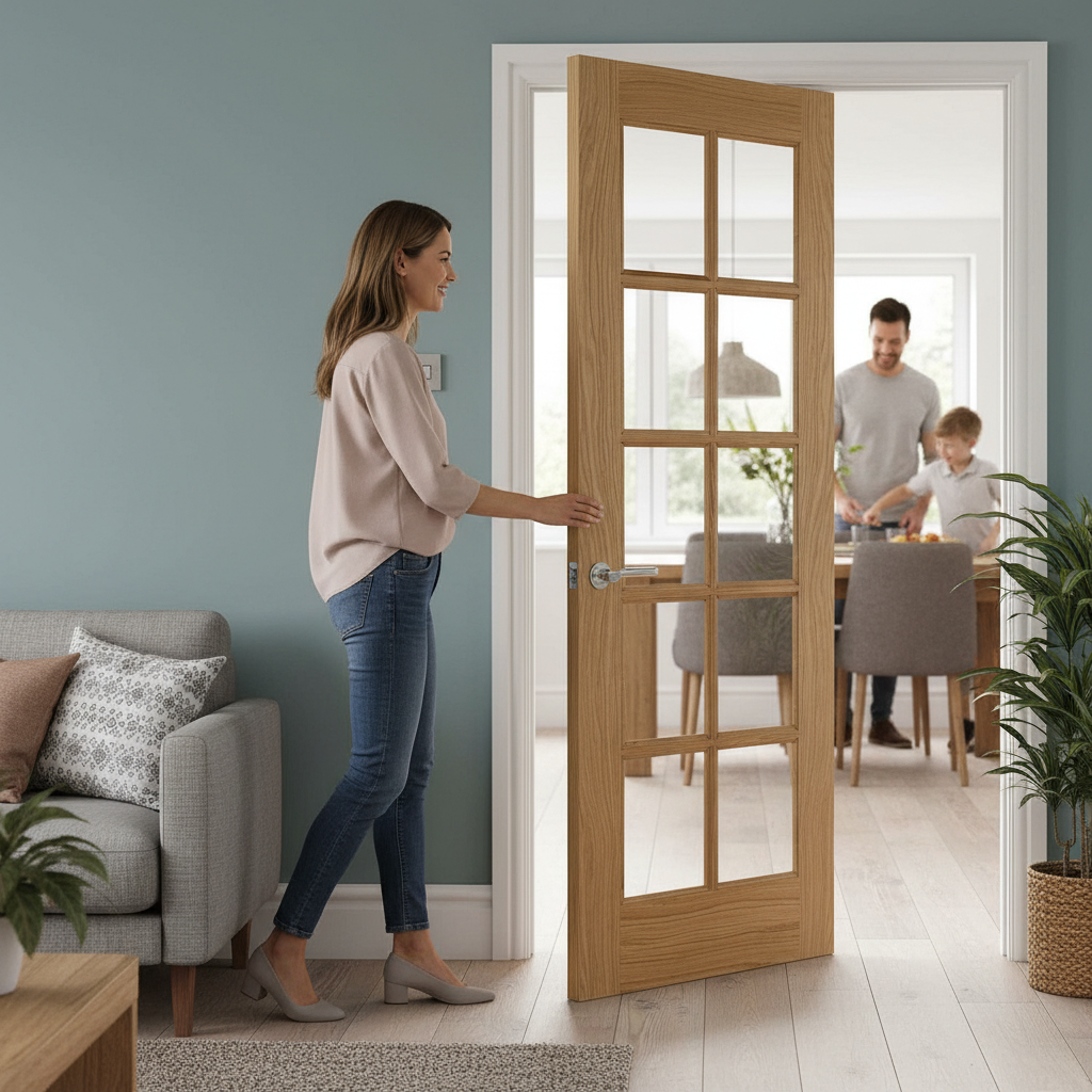 Premium 10 Light Oak Glazed Door with Clear Bevelled Glass Panels and Engineered Core for Strength and Stability