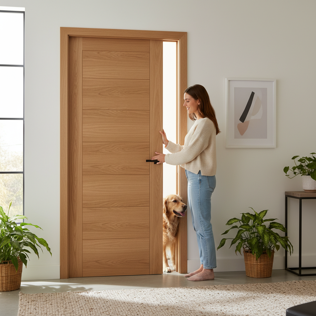 Premium Oak Internal Door with Decorative V Grooves and Engineered Construction for Strength and Stability