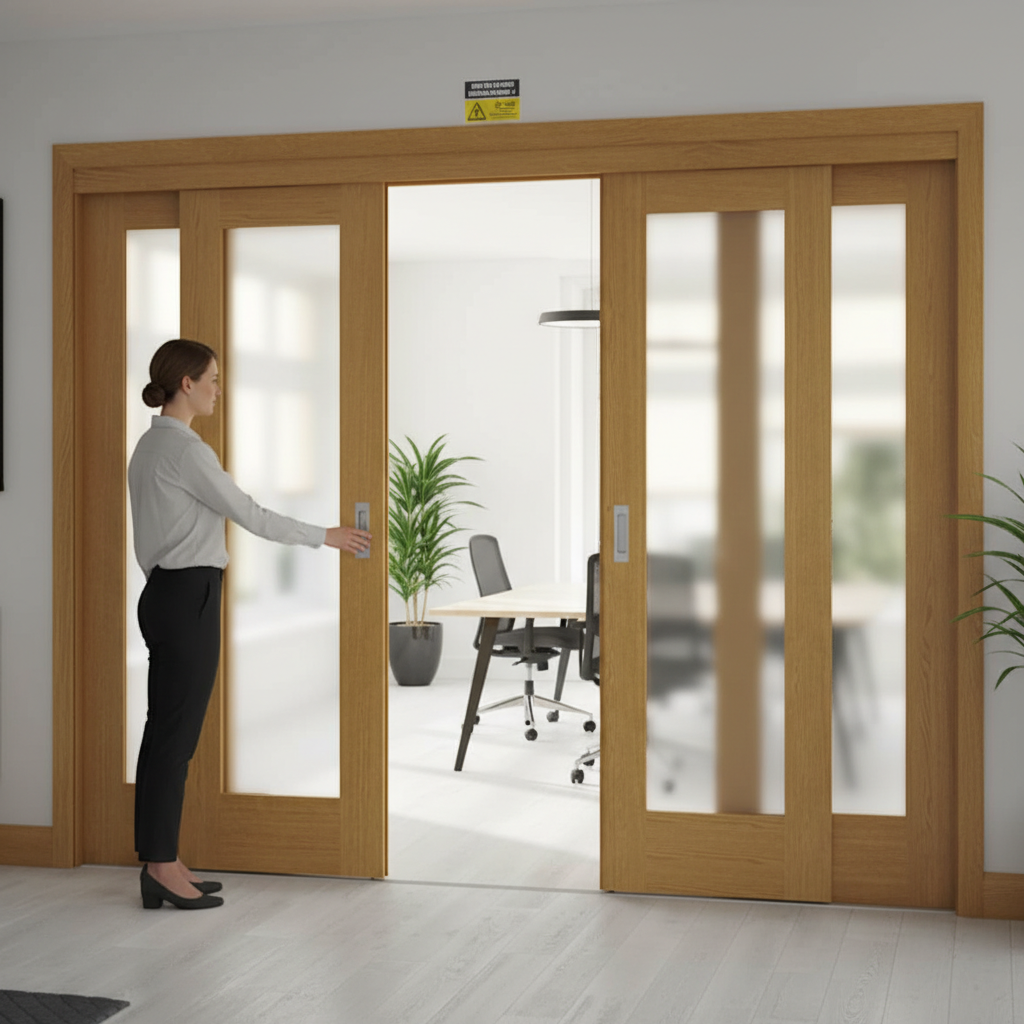 Professional Sliding French Doors with Pattern 10 Obscure Glazed Panels and Fixed End Panels, Space-Saving Design