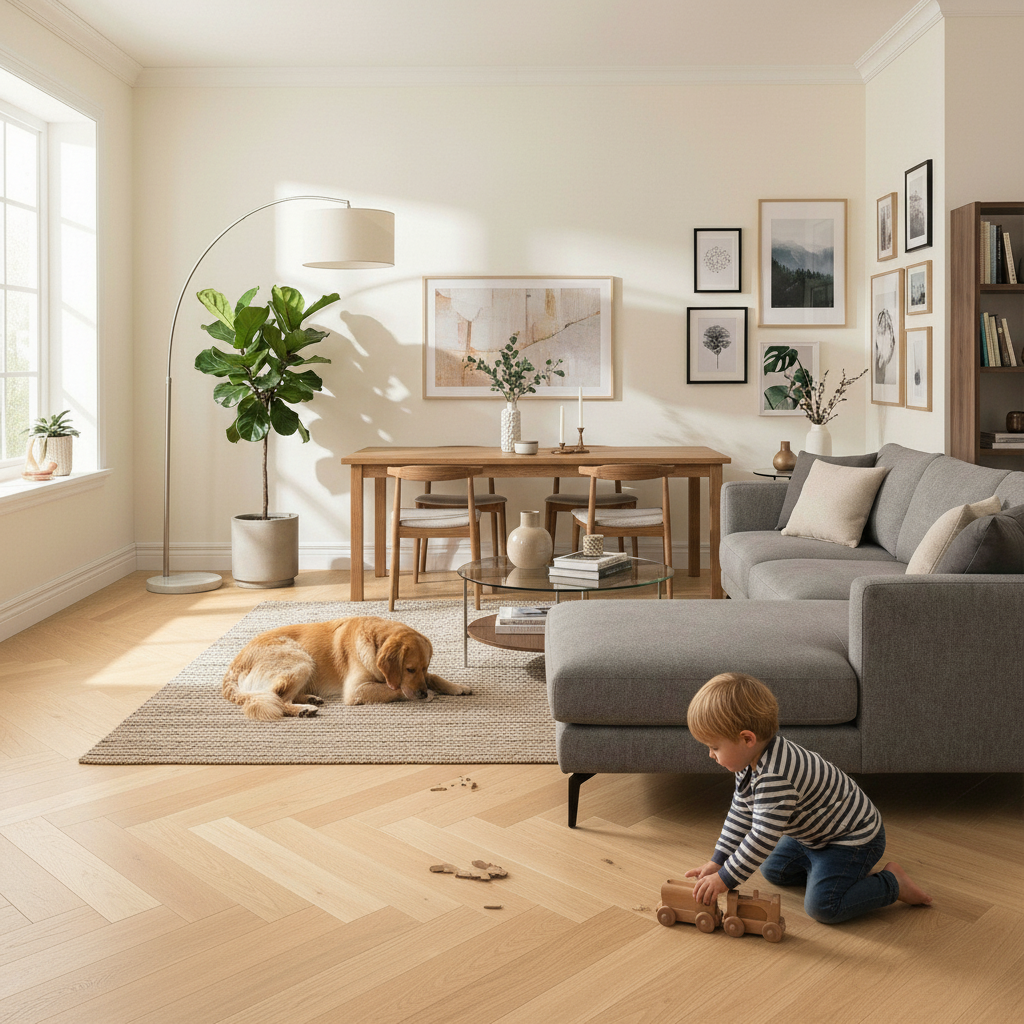 Premium 18mm UV Lacquered Solid Real Wood Flooring in Herringbone Pattern - High-Quality Professional Grade for Industrial and Commercial Applications