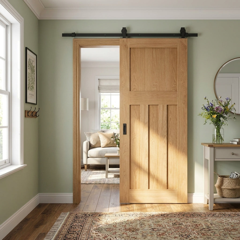 Unfinished Oak Internal Sliding Door 1930's 4 Panel Black Top Mounted