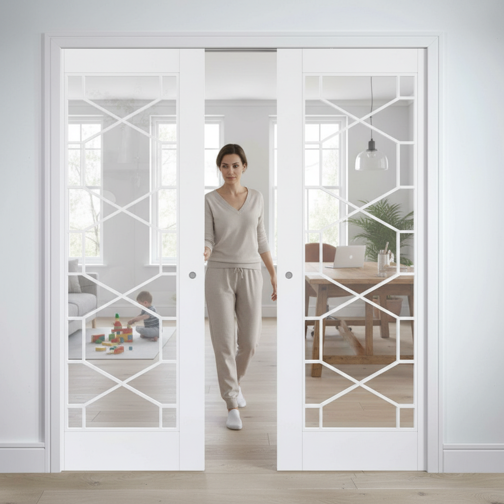 Premium Telescopic Pocket Door System with Clear Glazing and Honeycomb Pattern for Natural Light and Elegant Design
