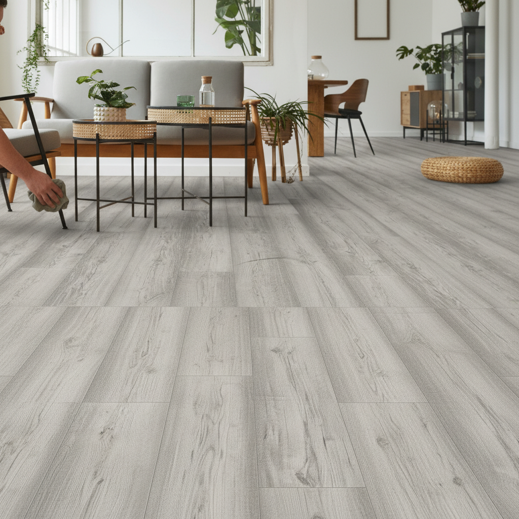 Premium 12mm Laminate Flooring with Bevelled V-Grooved Edges for a Solid Wood Appearance