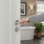 Round Rose Lever Door Bathroom Handle Set - Polished & Satin Chrome Finish with Privacy Bullet Latch - Image 2