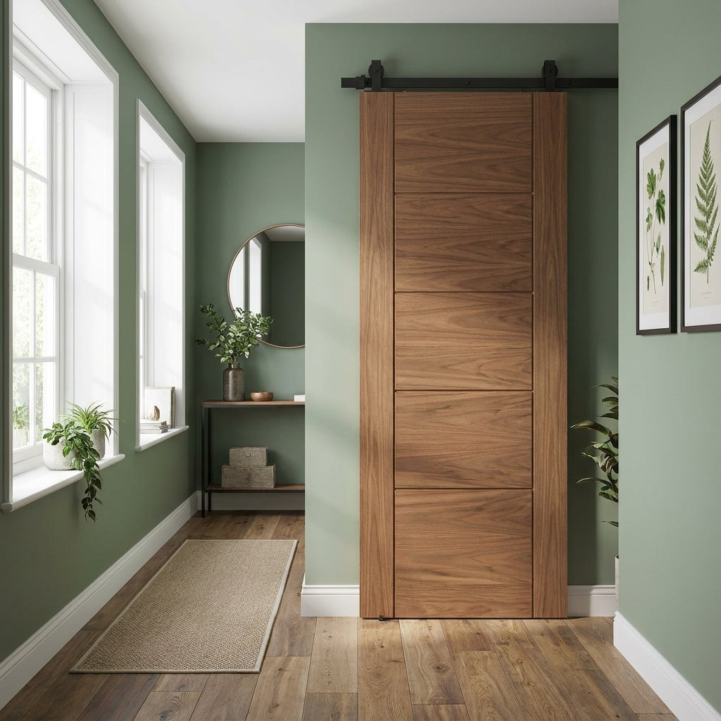 Oak Internal Sliding Door Unfinished 5 Panel Black Top Mounted