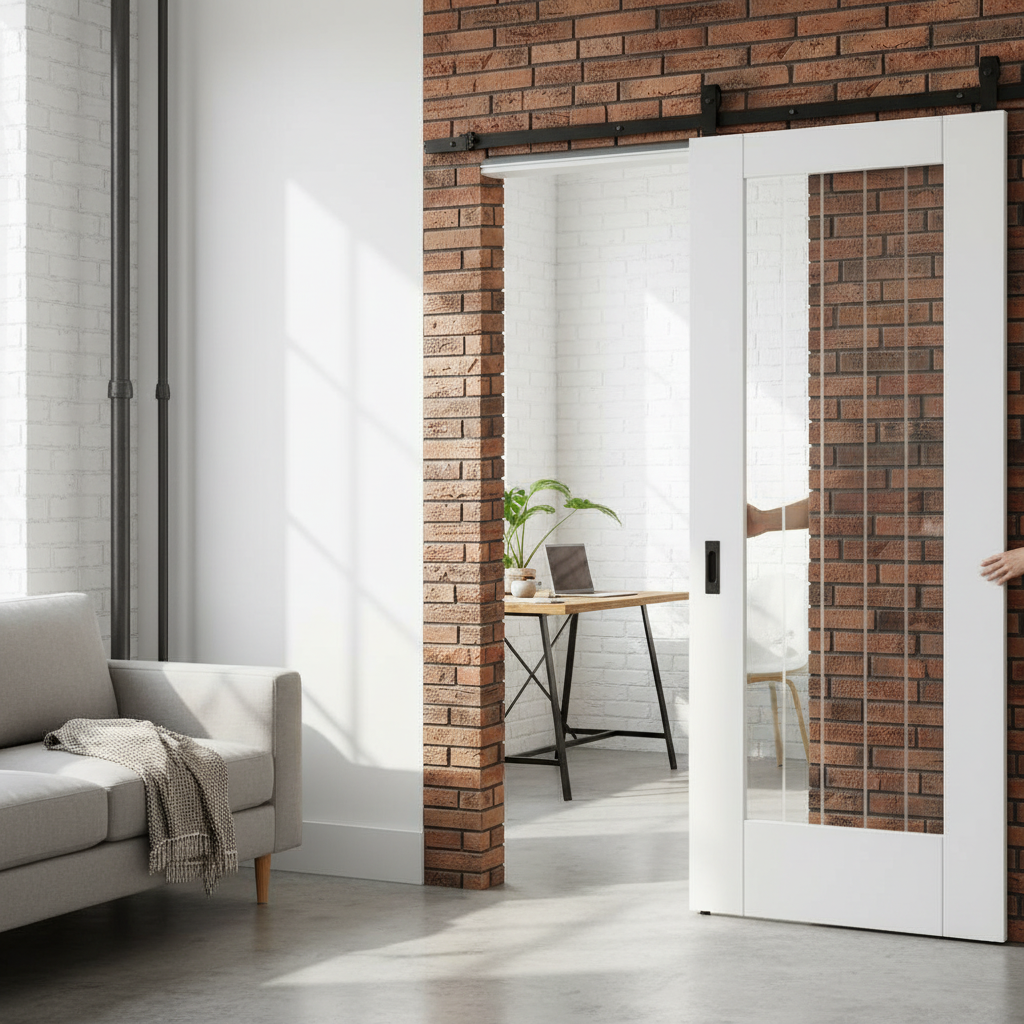 Premium White Primed Internal Sliding Door with Clear Glass and Obscure Lines - Space-Saving Black Steel Track