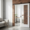 Premium White Primed Internal Sliding Door with Clear Glass and Obscure Lines - Space-Saving Black Steel Track
