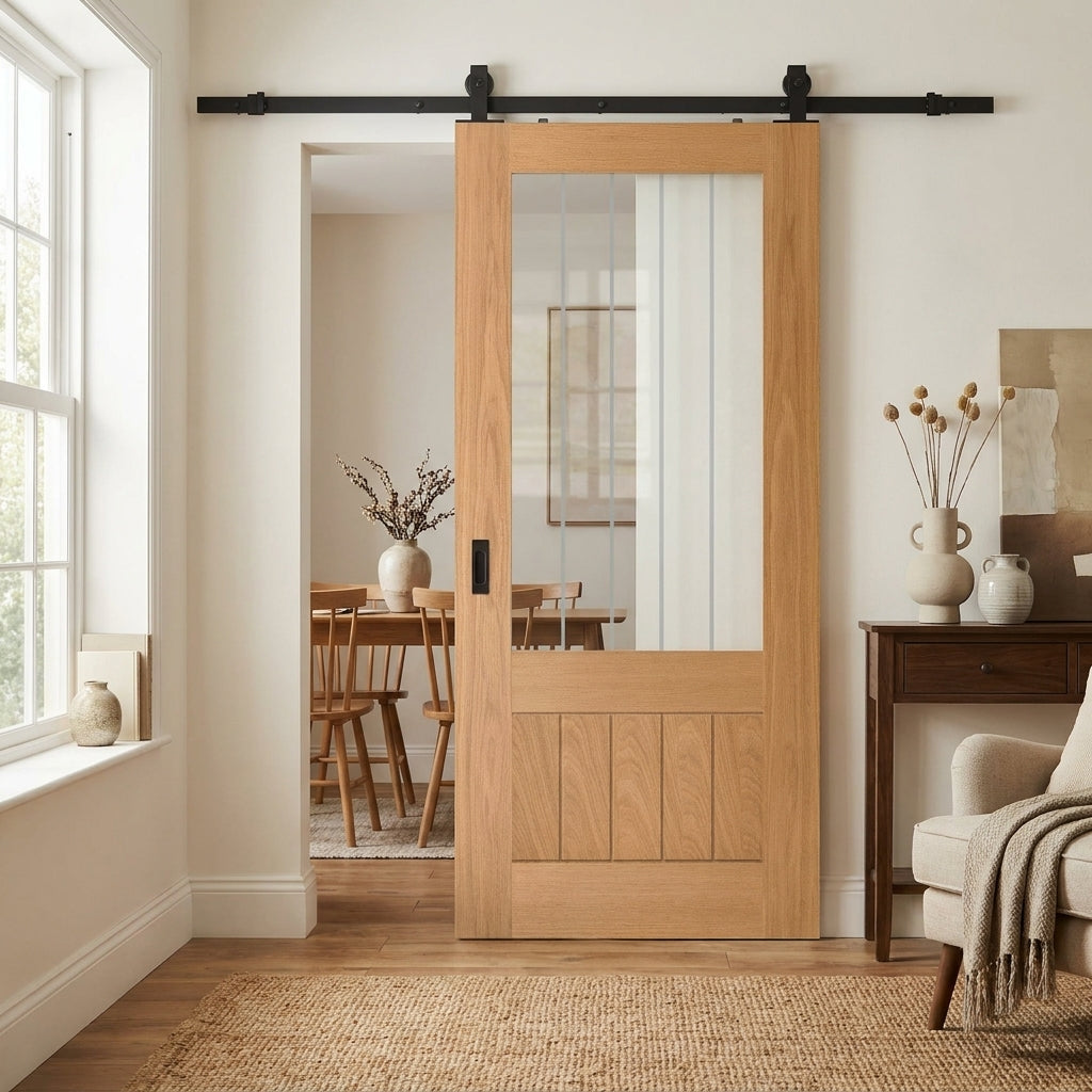 Internal Oak Sliding Door Fully Finished 1 Panel with Obscure Clear Glass