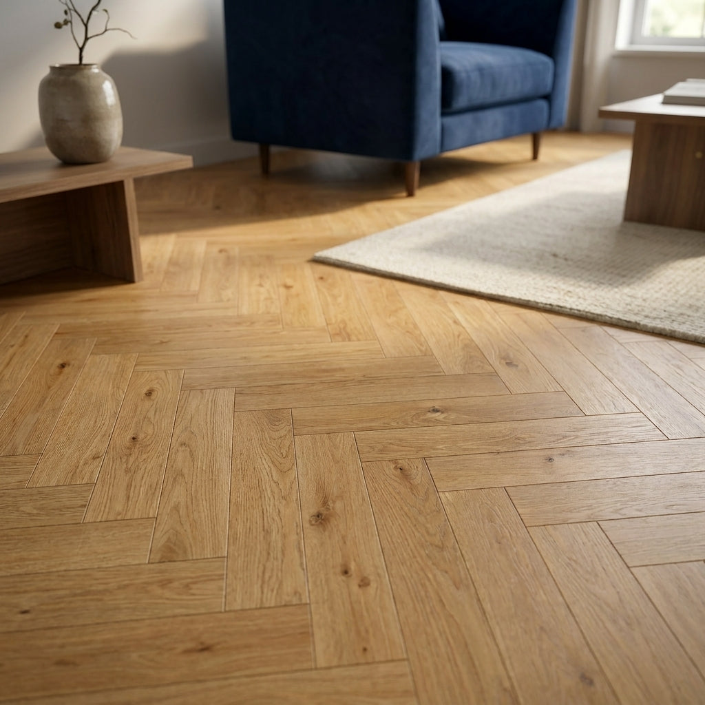 14mm Engineered Real Wood Flooring - Herringbone Design, UV Lacquered Finish - detail view