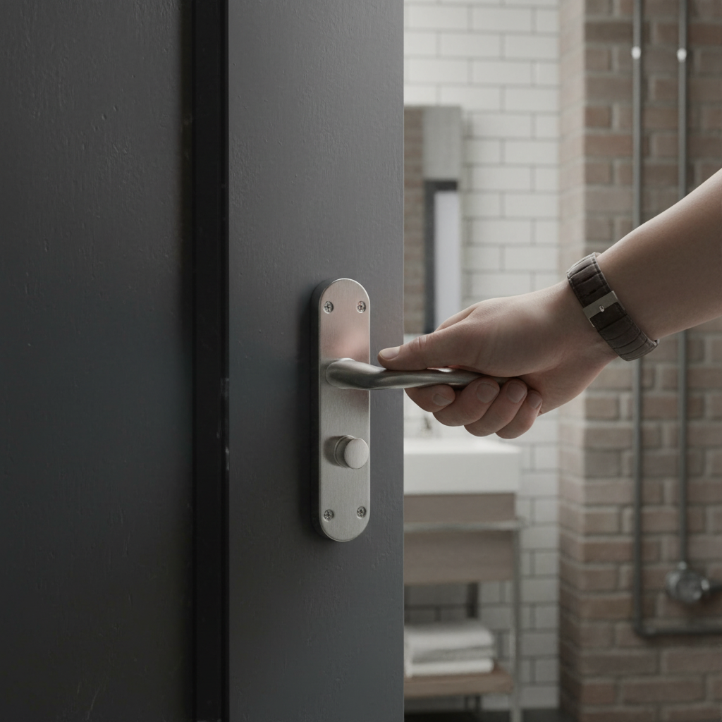 Premium Satin Chrome Lever on Backplate Bathroom Door Handle Set with Privacy Lock and Matching Hinges