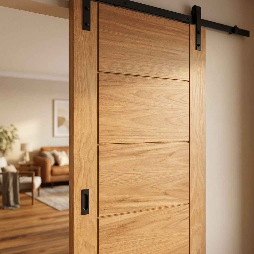 Oak Internal Sliding Door Unfinished 5 Panel Black Top Mounted - detail view