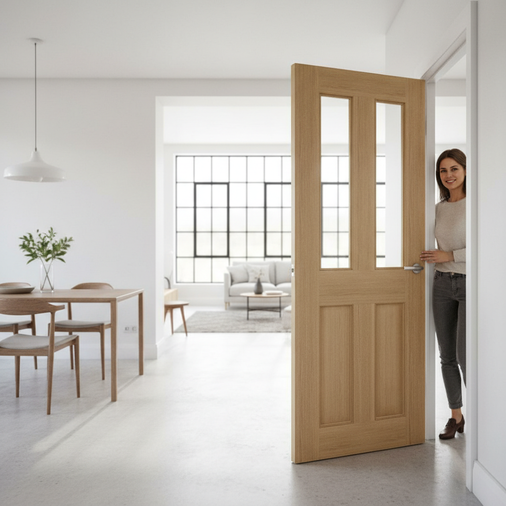 Premium Clear Glazed Fire Door with Bevelled Edged Panels and Certified Fire-Rated Glass