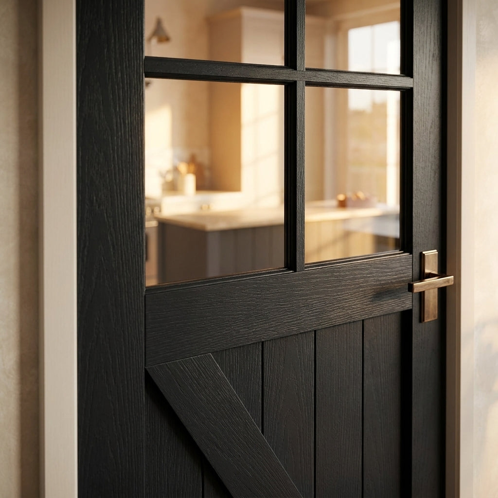Internal Black Fully Finished Oak Barn Door with Clear Glass, Made-to-Measure - detail view