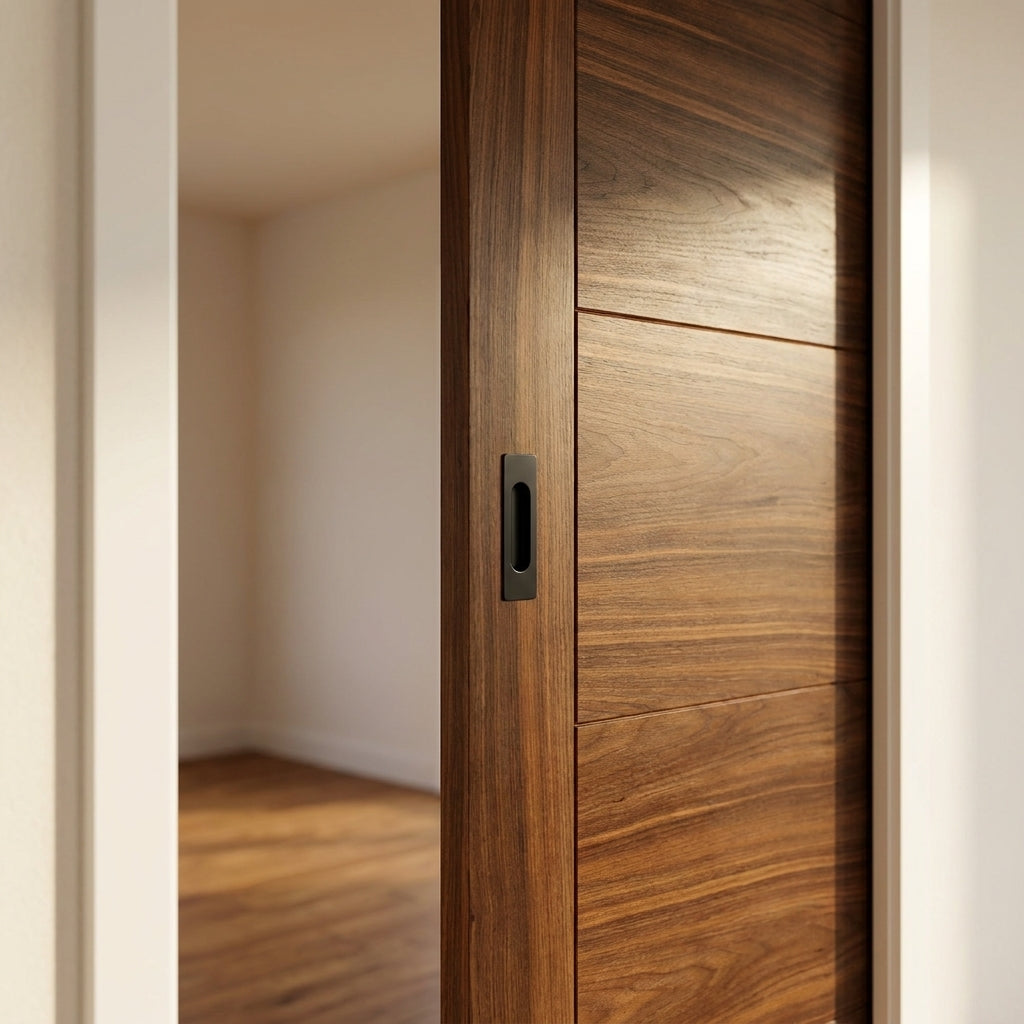 Walnut Pocket Door Set, Fully Finished, 100mm, Internal, Solid Engineered Core - detail view