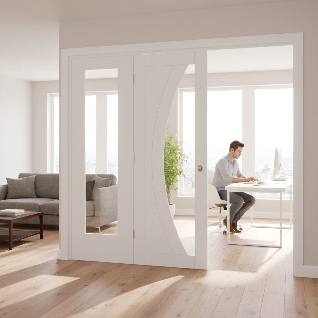 Premium Clear Glazed Room Divider with Curved Glass Panel and Side Panel Options for Versatile Room Partitioning