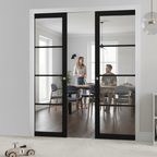 Premium Industrial Style Clear Glazed Double Pocket Door Set with Adjustable Frame and Galvanized Steel Construction