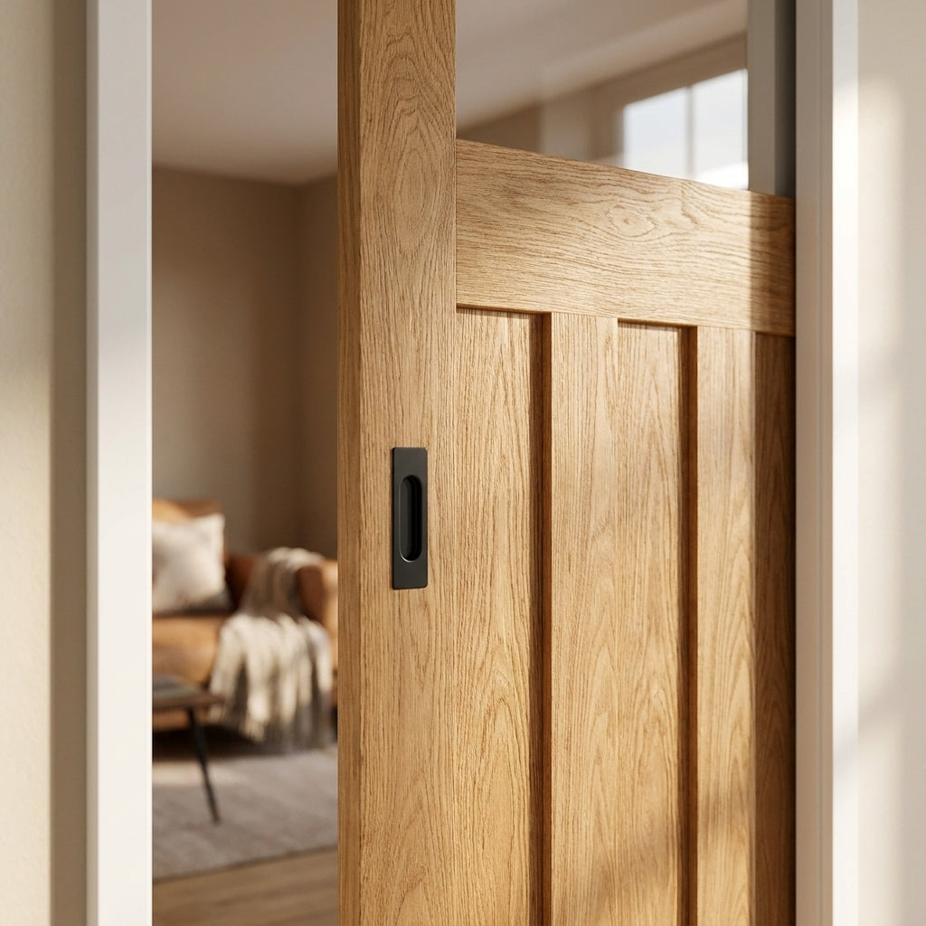 Oak Internal Pocket Door Set Unfinished 1930's 3 Panel 1 Light Obscure Glass 100mm - detail view