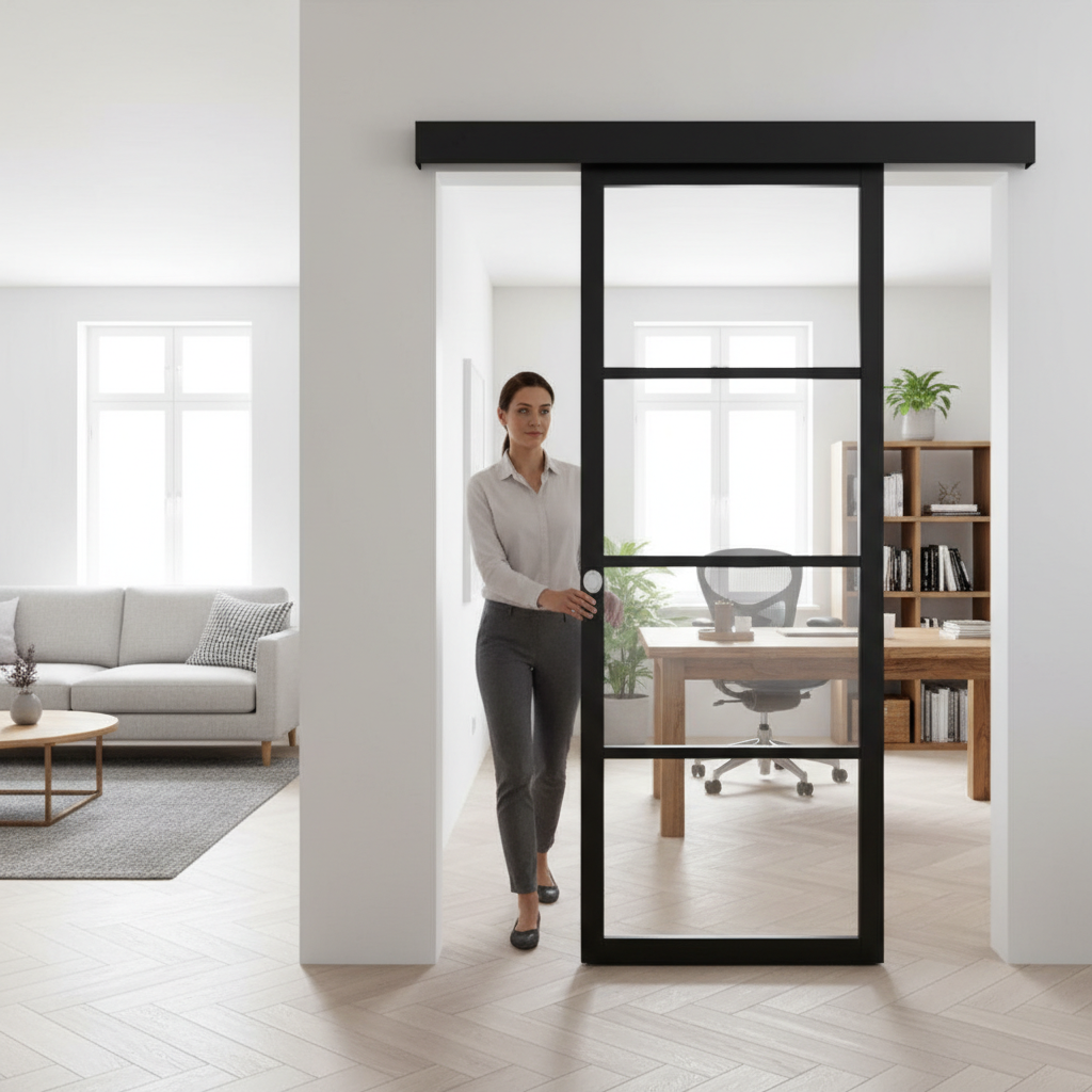 Premium Clear Glazed Wall Mounted Sliding Door with 2m Track and Wooden Pelmet for Modern Interiors